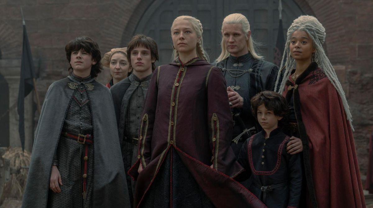 Princess Rhaenyra with her husband Daemon, and her three children, Jace, Luke, and Joffrey